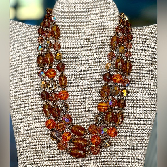 Vintage 1950s Czech Glass Bead 3 Strand Necklace Amber Foiled Striped Beads 14” - Picture 1 of 4
